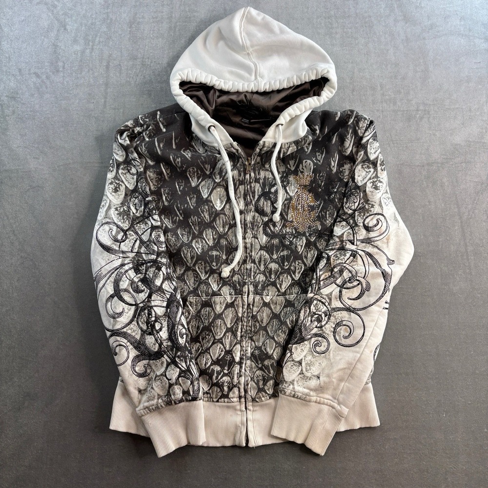 Christian Audigier Zip Hoodie Y2K Snake Print Full Zip Beige Women's Small